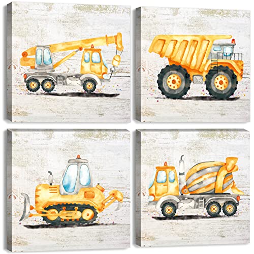 Kids Construction Truck Wall Art Set - 14x14 Inches for Boys Room Decor