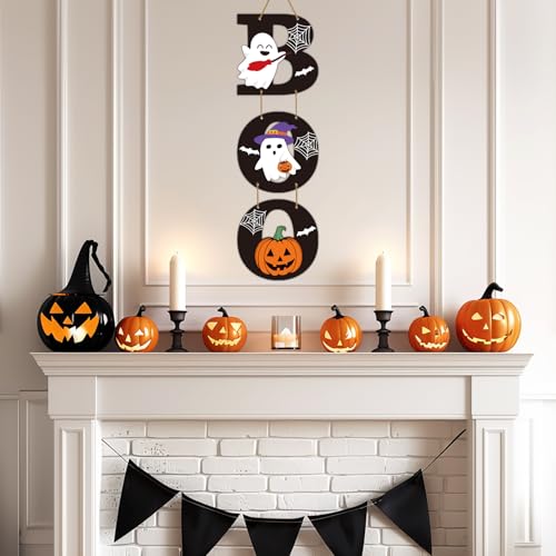 Halloween Door Sign with Ghost and Pumpkin Decorations - Festive Wall Hanging