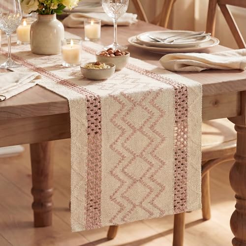 Pink Stripe Diamond Woven Table Runner 12x72 Inch - Durable Home Decor