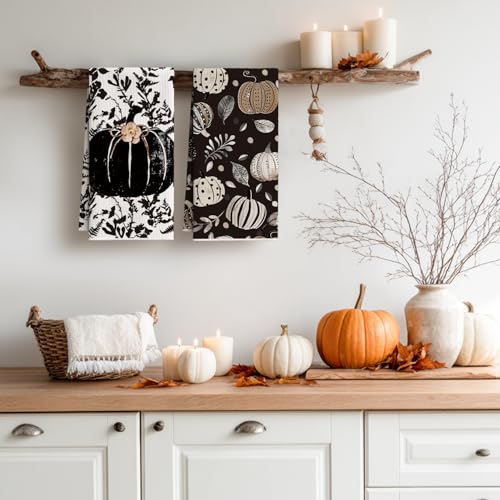 Microfiber Kitchen Towels Set of 2 - Black Polka Dot Pumpkin Design, 12x24 Inches, Quick Dry