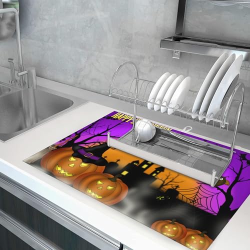Halloween-3 Large Dish Drying Mat for Kitchen Counter, Scary Night Design, Super Absorbent Reversible Microfiber, 18x24 Inches
