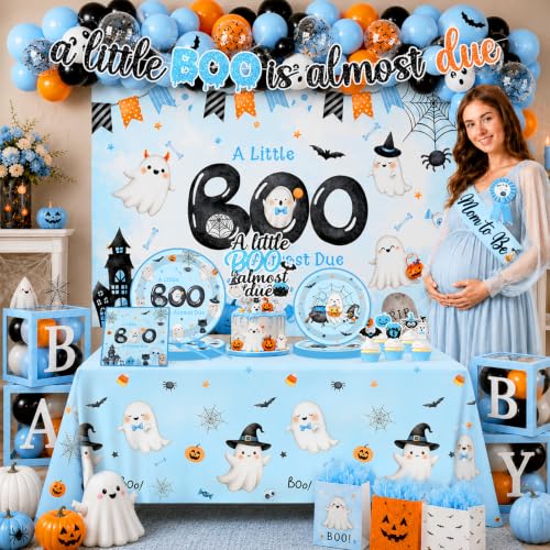 Halloween Baby Shower Decorations Set - 268Pcs Little Boo Is Almost Due Party Supplies for Boys