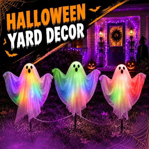3 Pack Halloween Lighted Ghost Stakes with Remote Control & Timer - 17.7 Inch Glowing Yard Decorations for Spooky Outdoor Lawn & Garden