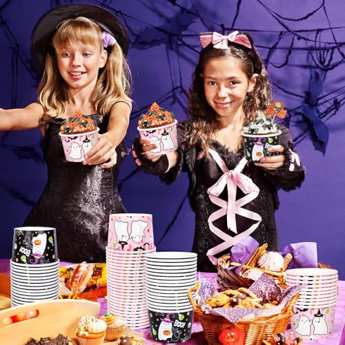 Halloween Ghost Snack Cups Set - 100 Disposable Paper Bowls for Parties & Desserts
