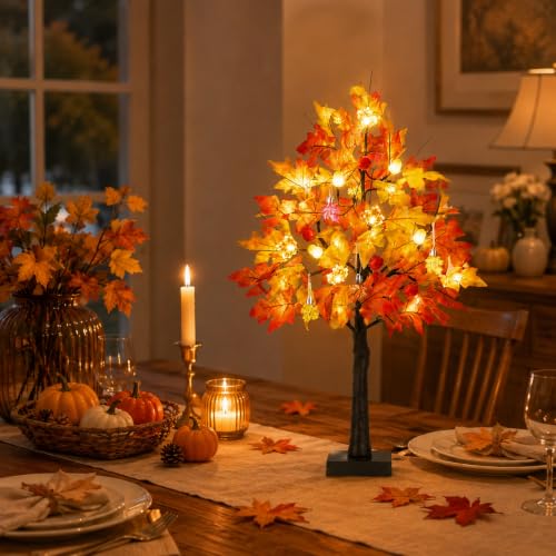 Orange 2 Pack 24in Lighted Maple Trees with LEDs & Timer - Fall Halloween Decor