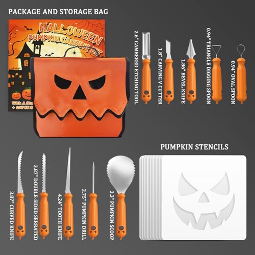Halloween Pumpkin Carving Kit with 10 Knives, 25 Stencils & Portable Storage Bag