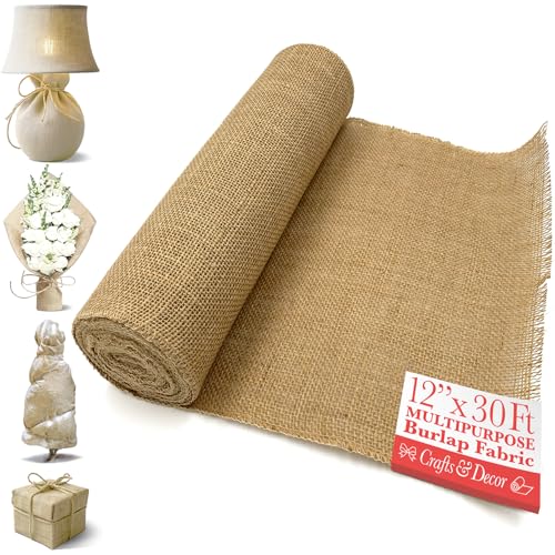 Burlap Fabric Roll 12x30 Ft No-Fray Jute Table Runner for Rustic Weddings Crafts