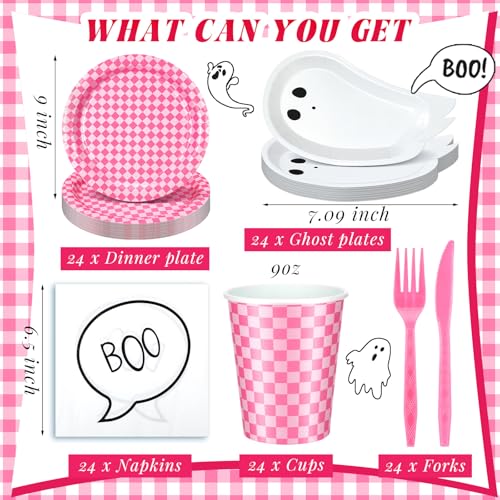 Pink Halloween Ghost Paper Plates and Cups Party Set - 144 pcs with Napkins & Cutlery