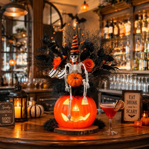 Lighted Halloween Skeleton Pumpkin Tabletop Decor - Spooky Centerpiece