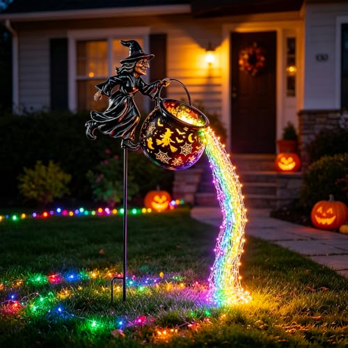 Outdoor Witch Cauldron Halloween Garden Light with Cascading Rainbow LEDs