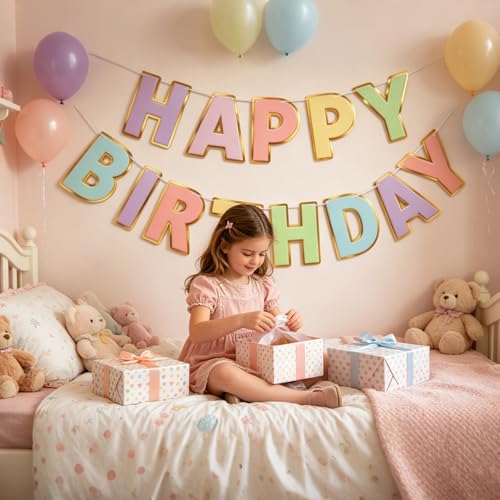 Macaron Happy Birthday Banner - Large Rainbow Alphabet Bunting, Pre-Strung