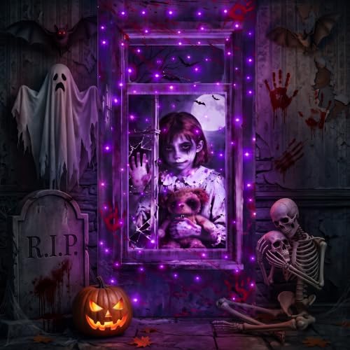 Purple Halloween Door Cover with Lights 37x81 Inch - 8 Modes, Weatherproof, Timer