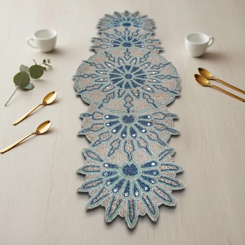 Hand Beaded Silver Green Table Runner 13x36 Inch Accent Decor