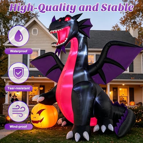 Purple 12FT Halloween Inflatable Dragon with Pumpkin Outdoor Decoration