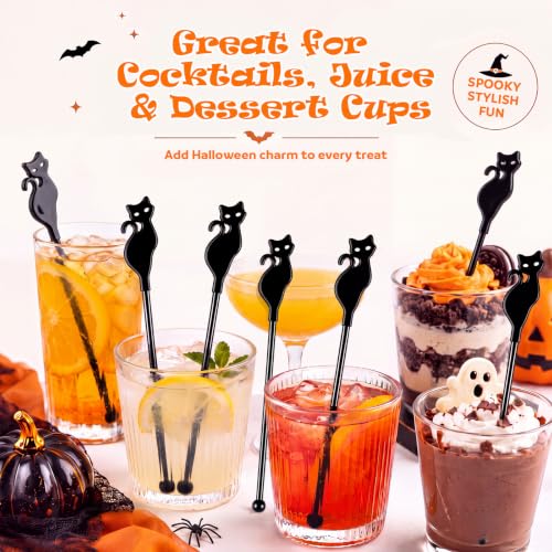 Halloween Black Cat Drink Stirrers - 100 Pcs Plastic Cocktail Swizzle Sticks