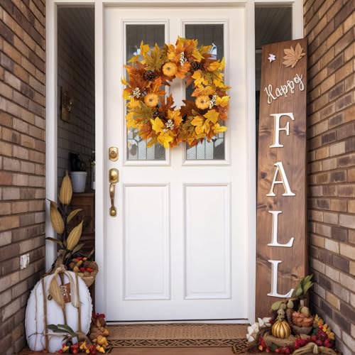 Orange Fall Wreath with Lights for Front Door - Autumn Decor, Berries & Pine Cones