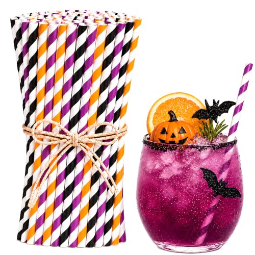 Paper Drinking Straws Set - Orange, Black, Purple for Halloween & Parties - 100 Pack