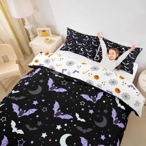 Purple Bat Halloween Duvet Cover Set - Moon Stars Galaxy Bedding, Queen Variation 13