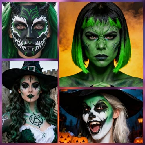 Oil-Based Face Paint Kit - Green White Black Halloween Makeup Set with Brushes