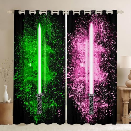 Kids Boys Teens Green Pink Light Saber Curtains - Blackout & Insulated Window Drapes