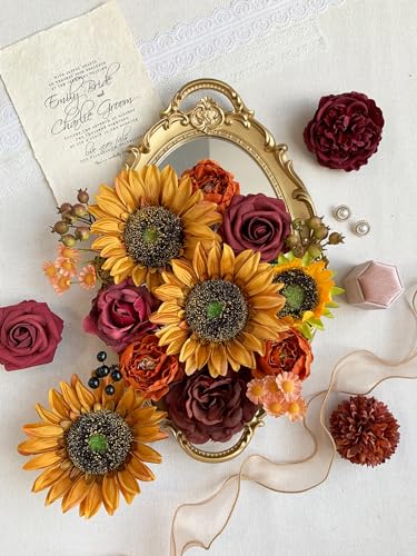 Fall Sunflower Artificial Flowers Set Burgundy Roses Bouquets for Wedding & Home Decor - Fall Fake Flowers