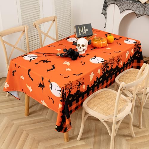 Halloween Tablecloth - Castle Ghost Design, Rectangular 60x102 Inch - Orange, Party Decor