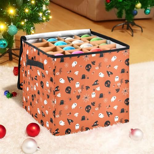Halloween Ghost Pumpkin Ornament Storage Box with Zipper & Adjustable Dividers - Large 13x13 Inch Holiday Container