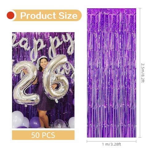 Purple Foil Fringe Curtains 50 Pack - 3.2ft x 8.2ft Tinsel Backdrop for Parties - Purple