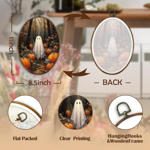 Ghost Pumpkin Oval Wall Art Decor - Fall Halloween Wall Hanging - 8.5x11 Inch - Variation: Ghost-9