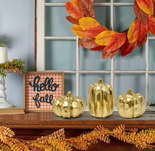 Gold Pumpkin Decor Set - Fall Thanksgiving Table Centerpieces, 3 Pcs