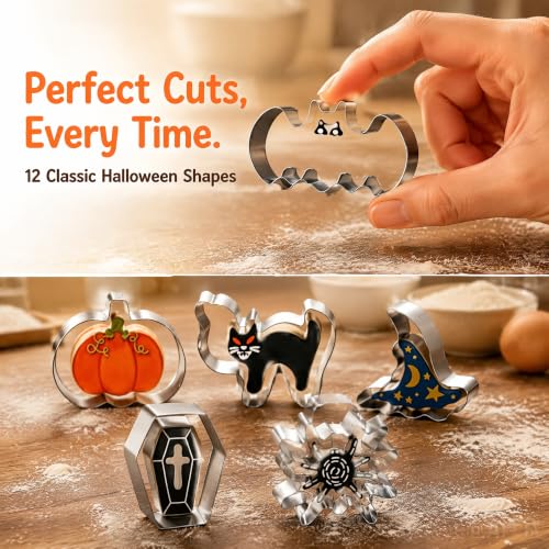 12-Piece Halloween Cookie Cutter Set Stainless Steel Shapes for Baking & Crafts