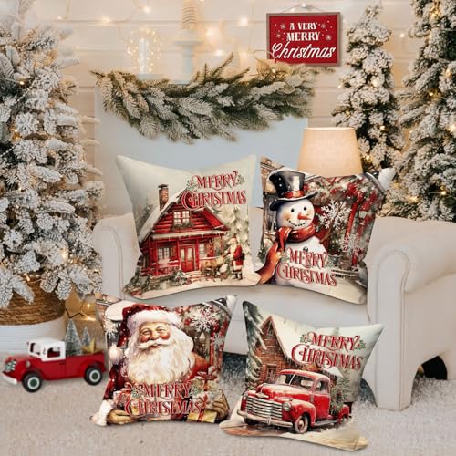 24x24 Christmas Throw Pillow Covers Set of 4 - Holiday Santa & Winter Decor
