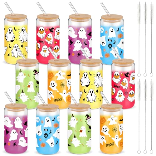 12 Pcs Halloween Glass Cups with Bamboo Lids & Straws - 16 Oz, White - Ghost & Skull Design