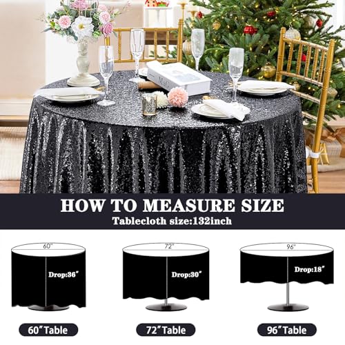 QueenDream Black Sequin Round Tablecloth 132 Inch - Party & Event Decor