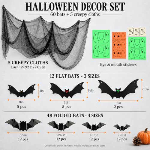 Halloween Bat Ceiling Decoration Kit - 65 Pcs Indoor Wall Hanging & Wall Stickers