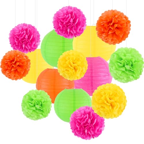 Neon Paper Lanterns and Pom Poms Glow Party Decorations - 15pcs - Neon