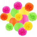 Neon Paper Lanterns and Pom Poms Glow Party Decorations - 15pcs - Neon