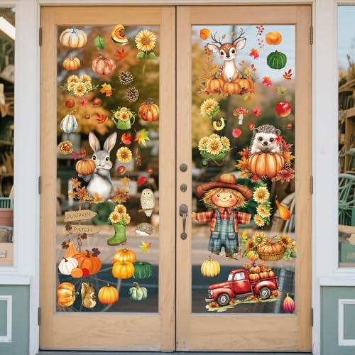 Fall Window Clings Set - Scarecrow & Autumn Decorations, Reusable Static Stickers