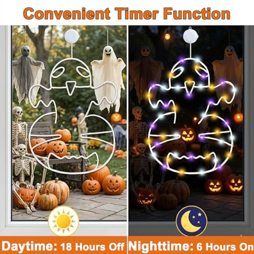 Halloween Ghost Window Lights Set - Orange, White & Purple Lights with Timer & Suction Cups - Spooky Decor for Home & Party