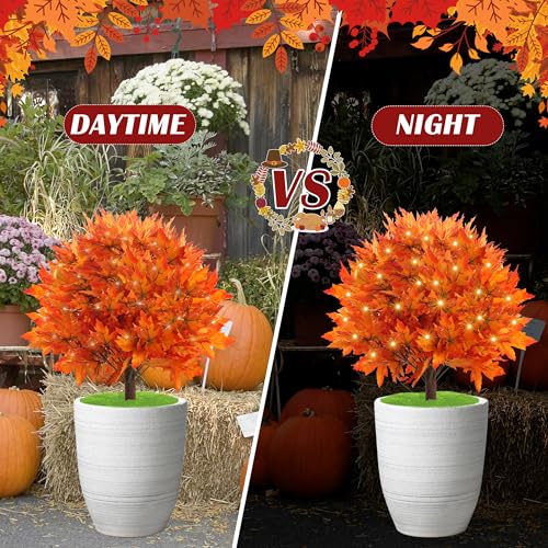 Artificial Maple Topiary Trees with LED Lights - 27 Inches Set of 2 for Indoor Outdoor Decor