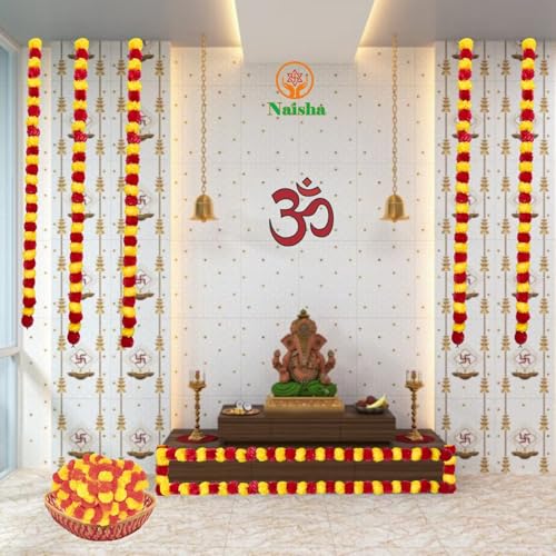 Artificial Marigold Garland 5Ft Red and Yellow Flower Decor Set - Party & Wedding
