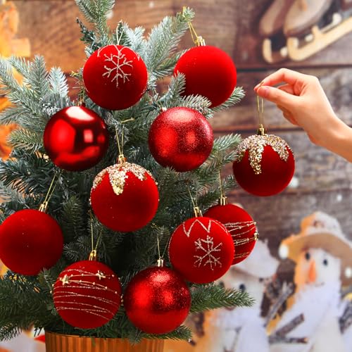 Red Velvet Christmas Ball Ornaments Set - 12 Pcs 3.15 Inch Flocked Holiday Decor
