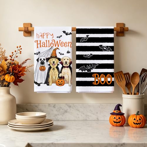Hexagram Halloween Kitchen Towels - Black Striped Dog Hand Towels - Spooky Decor