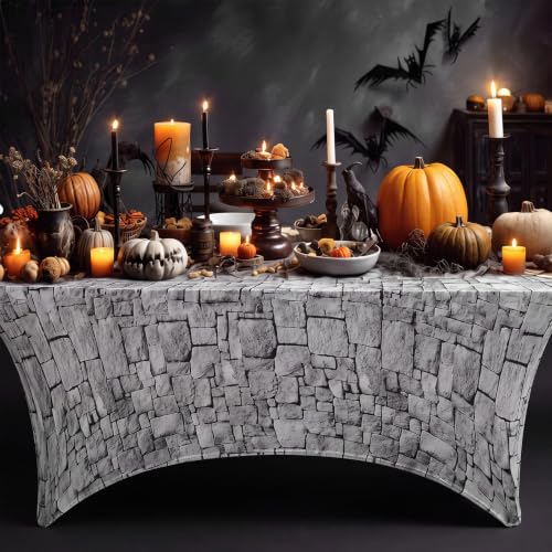 2 Pack 6ft Rectangular Spandex Tablecloth with Grey Stone Wall Pattern - Fitted for 72x30 Inch Tables