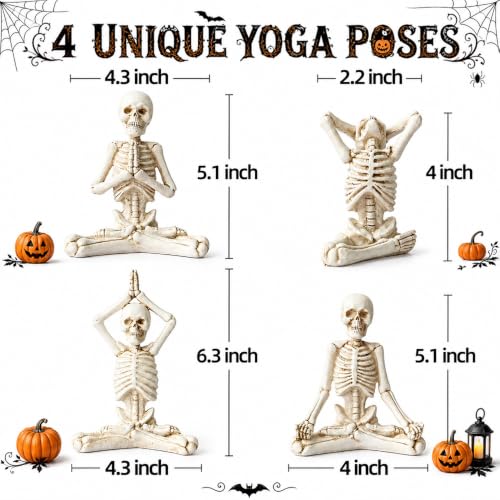 White Halloween Yoga Skeleton Statue Set of 4 - Spooky Skeleton Decor
