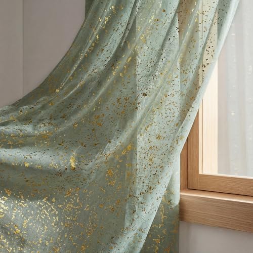 Sage Green Sheer Curtains 52x84in Set of 2 with Gold Sequin Accents - Room Decor