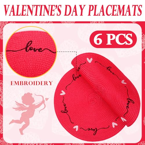 Valentine Heart Placemats Set of 6 - Red Love Design, Waterproof Table Mats, 13.4 Inch