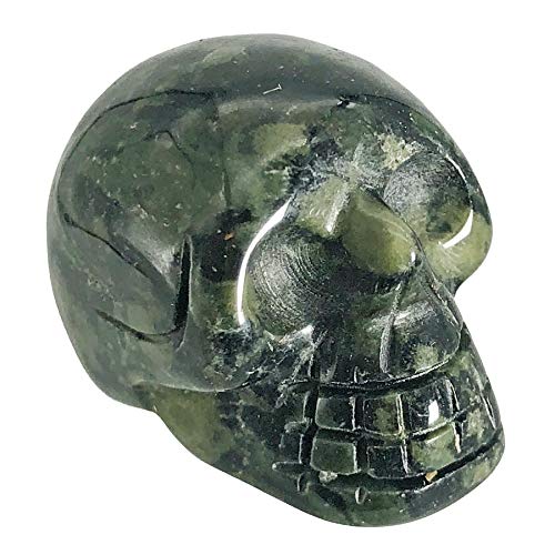 Mini Human Skull Figurine in Green Kambaba Jasper - Hand Carved Crystal Skull Statue, Halloween Decor & Healing Stone
