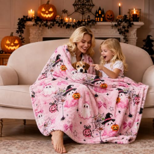 Pink Halloween Throw Blanket - Cute Ghost Pumpkin Pastel Decor 59x47in
