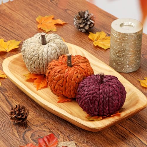 Fall Pumpkin Decor Set - 3 Woven Rattan Artificial Pumpkins for Autumn Home Decoration - White, Orange, Red